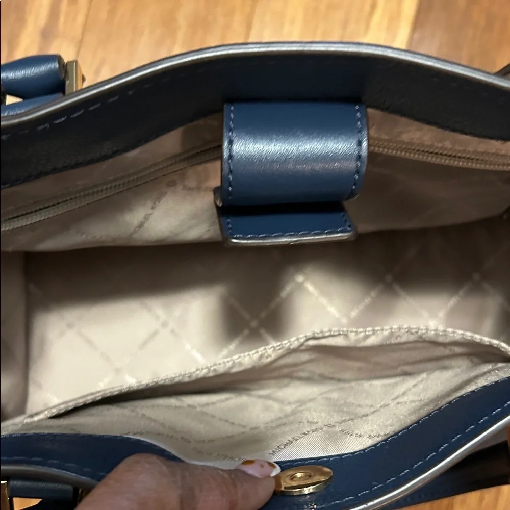 Michael Kors Navy Blue Large Satchel Tote Bag Gold Hardware